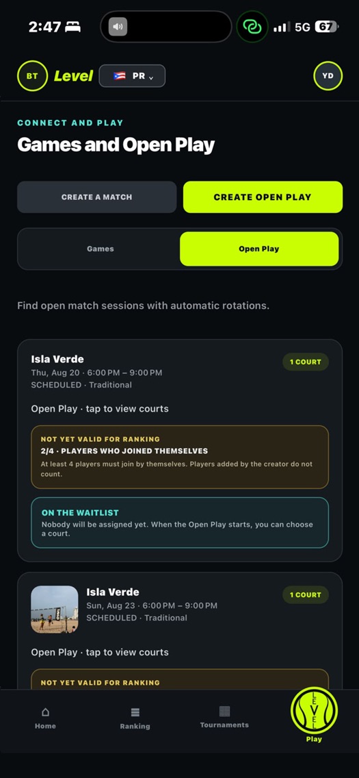 Open plays disponibles en la app Level